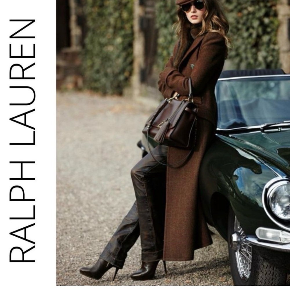 Ralph Lauren Chocolate Brown plaid check Long double breasted wool Coat Sz 8